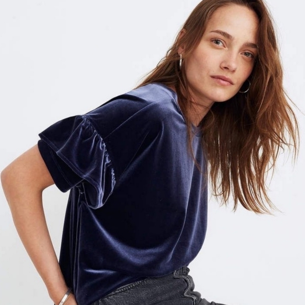 Madewell Ruffle Shoulder Velvet Tee Small Deep Blue Short Sleeve Ruffle